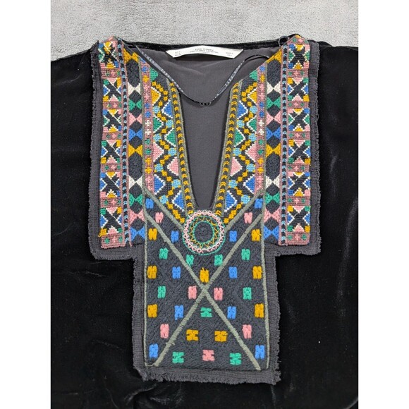 Zara Woman Tunic Dress Womens S Black Velvet Embroidered V Neck Boho Mini - Picture 5 of 10